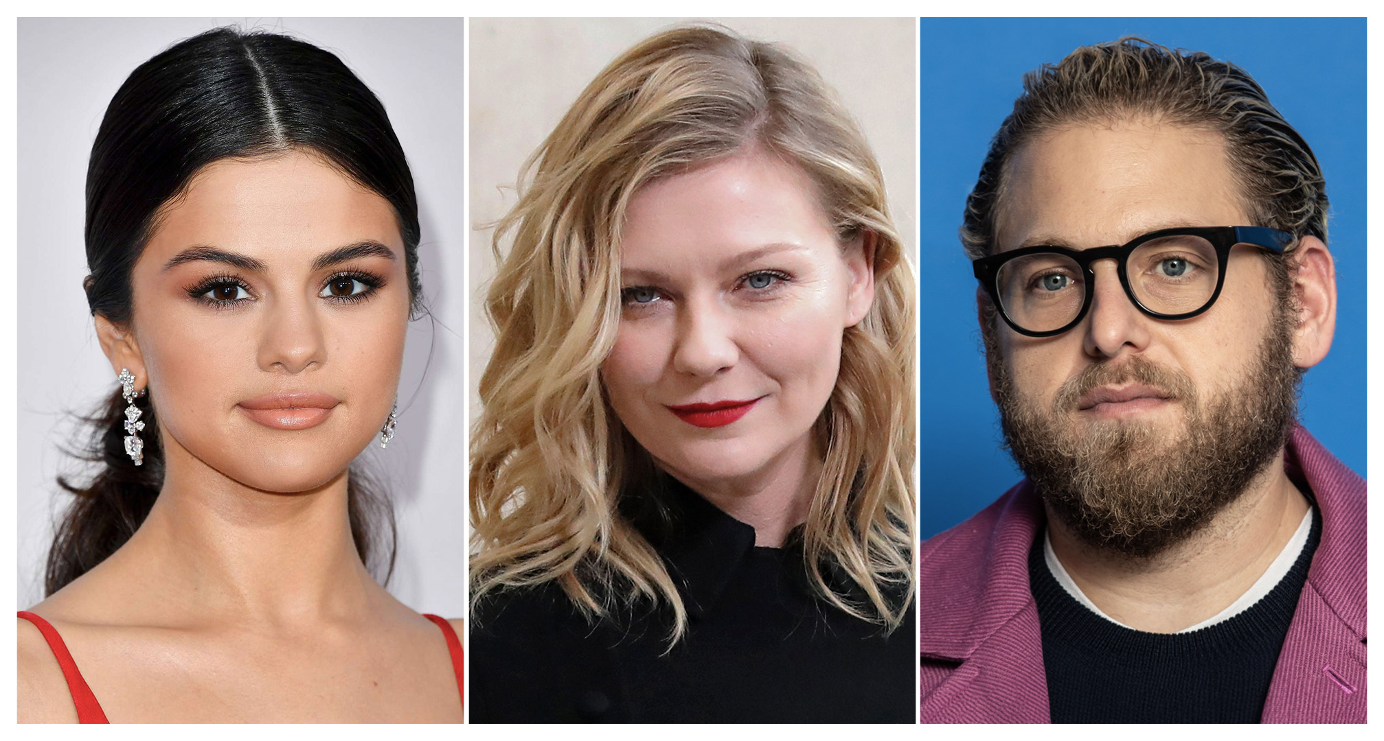 collage of selena gomez, kirsten Dunst and jonah hill